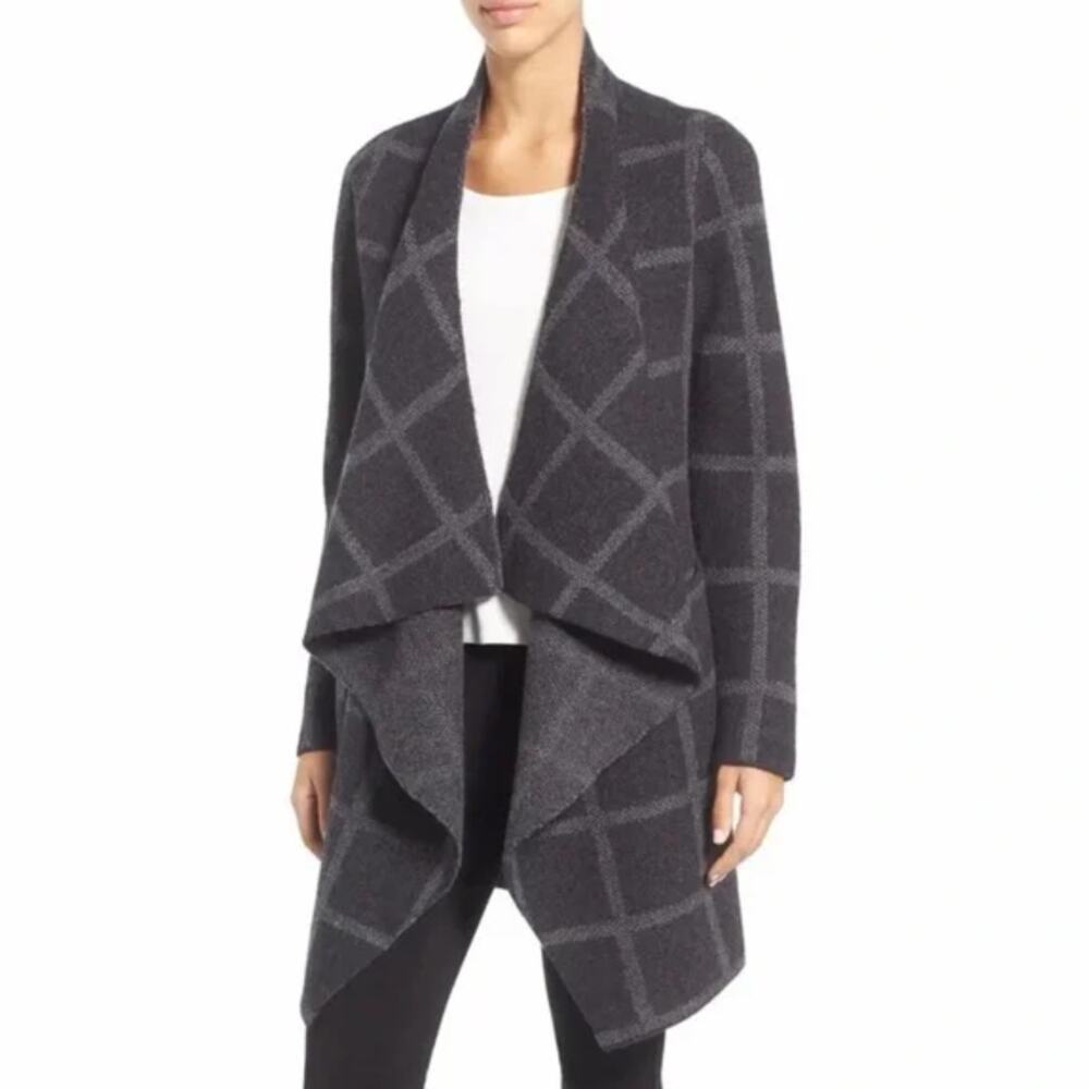 Eileen Fisher Windowpane Marino Wool Long Cascading Coatigan Size Medium